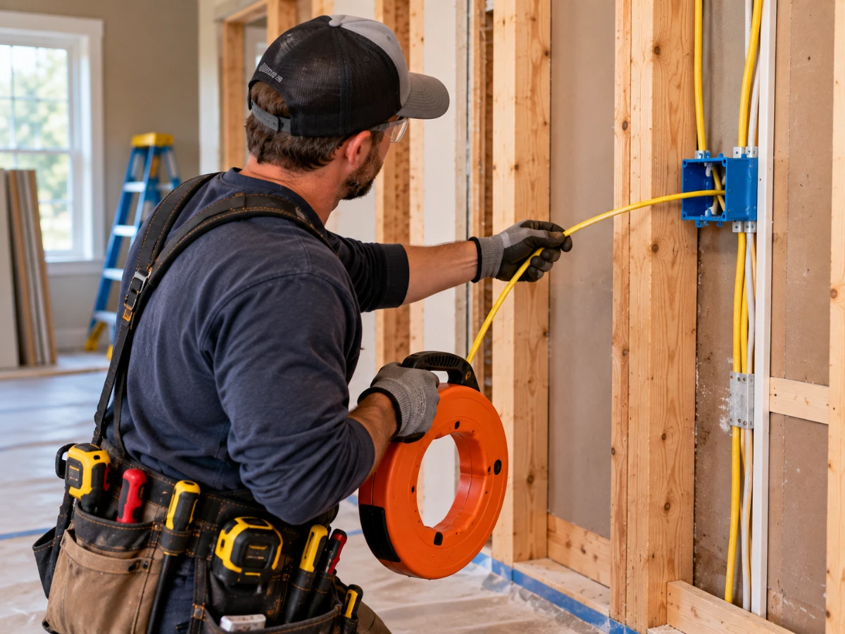 Image of electrician using fish tape to pull electrical wire through the wall