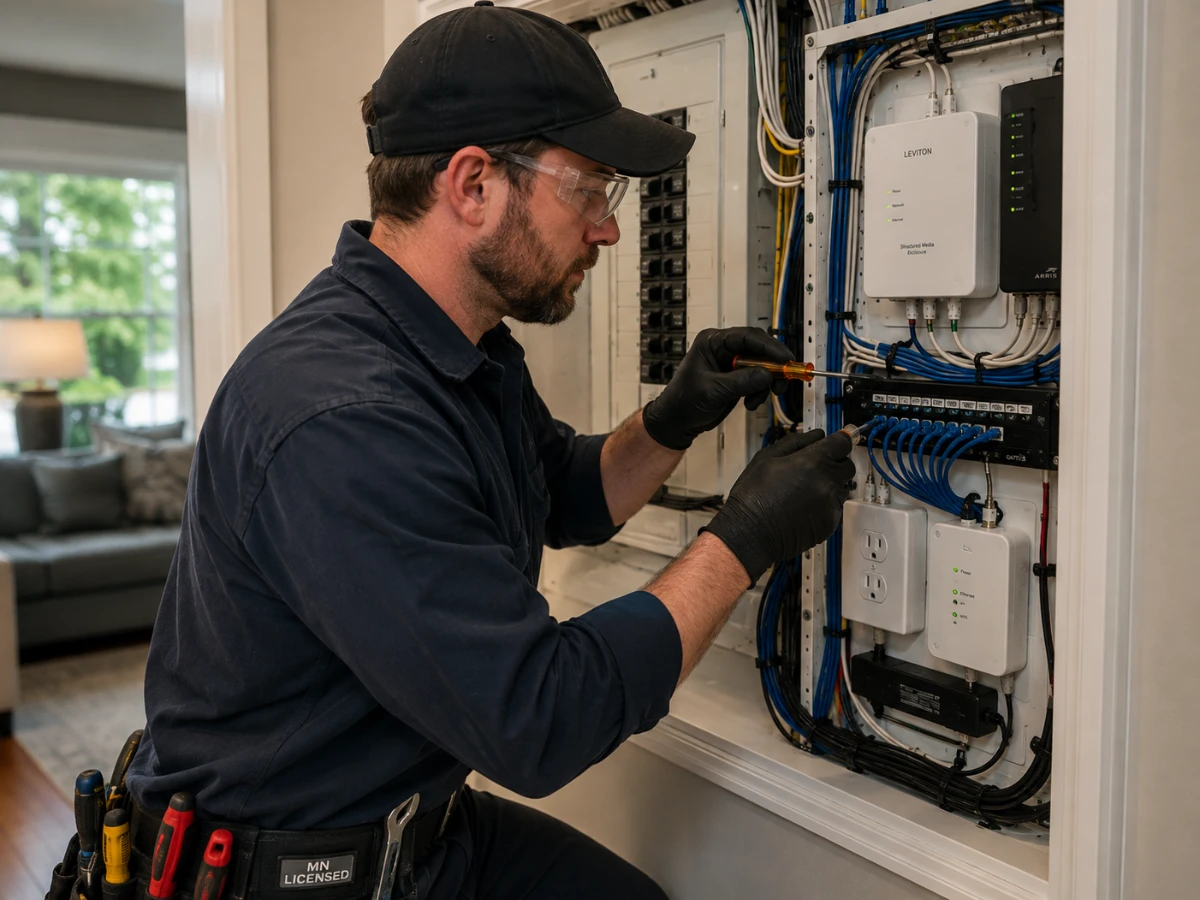 Licensed Minnesota electrician working on residential smart home electrical wiring
