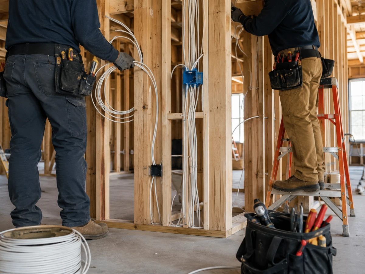 Image showing electricians installing new wiring for motorized blinds