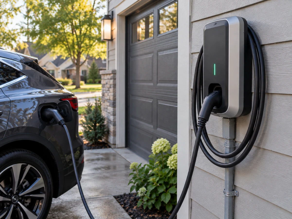 Image of level 2 EV charger near a home driveway