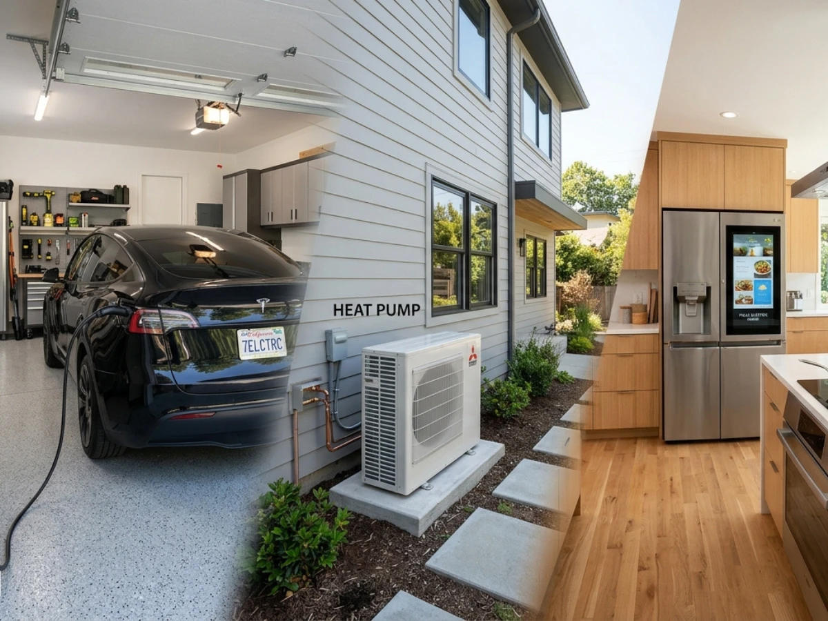 Images showing an EV charging outlet, electric heat pumps and modern appliances