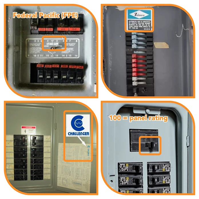 Examples of recalled or outdated panels (FPE, Zinsco, Challenger) and where to check your panel’s amp rating.