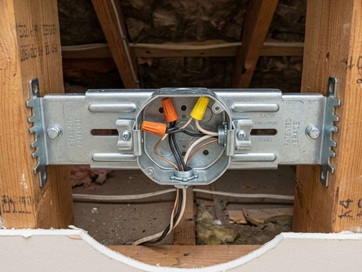 A close-up view of a metal ceiling fan support brace locked tightly between two wooden joists behind a finished ceiling