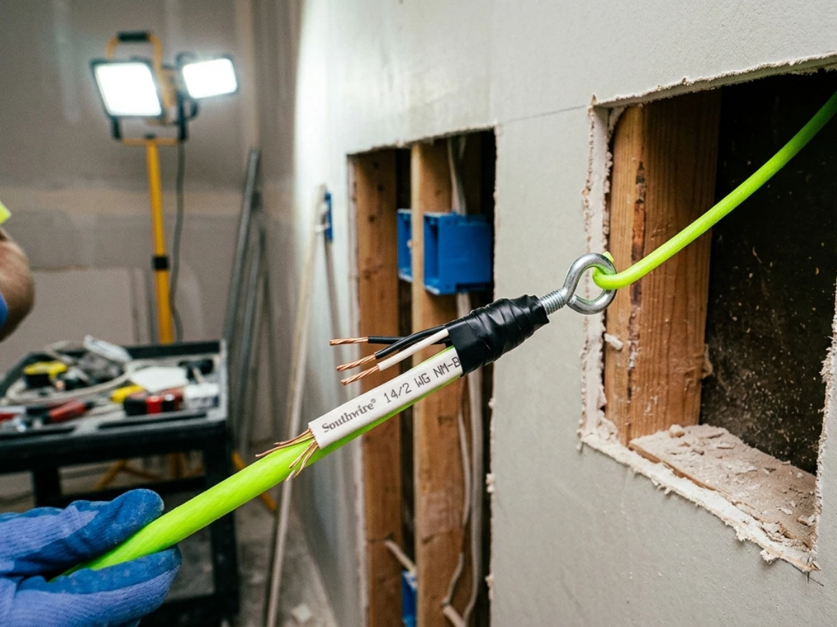A close-up shot of neon fiberglass glow rods routing NM-B electrical wire inside a clean drywall cutout.