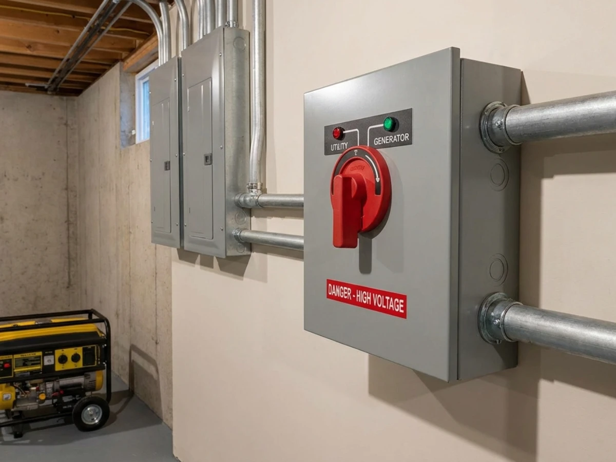 Image of generator transfer switch for backup power during a storm electrical outage