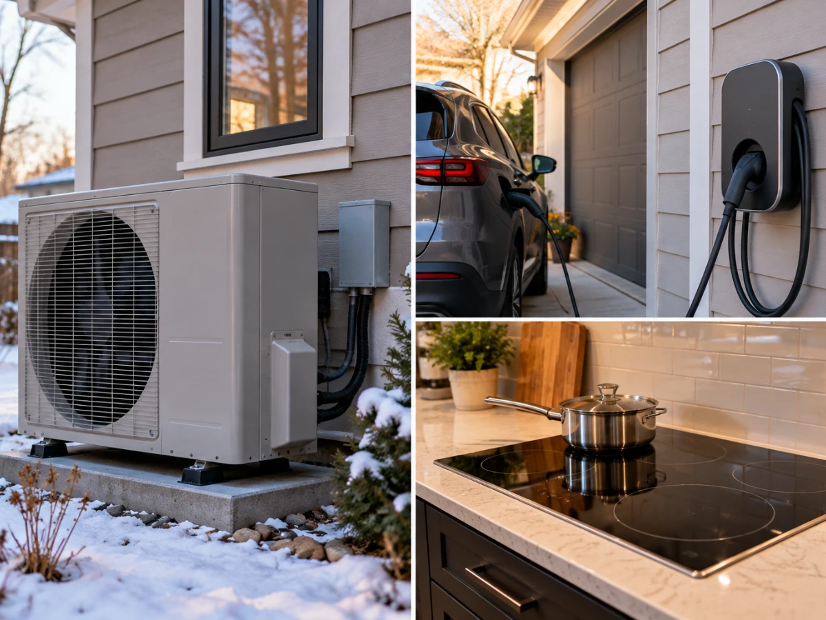 Images of a cold-climate heat pump outdoor unit, a Level 2 EV charger in the driveway, and an induction cooktop in the kitchen