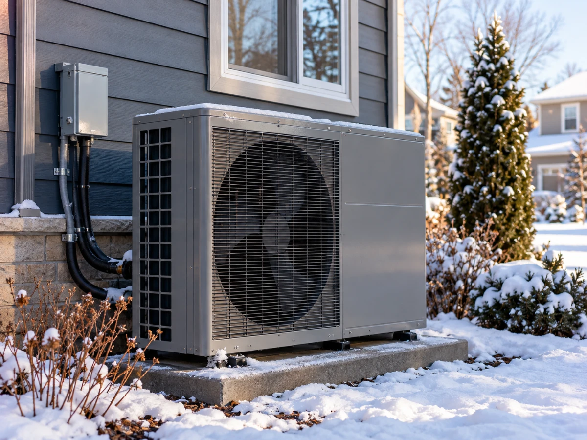 Image of a heat pump outdoor unit outside a home