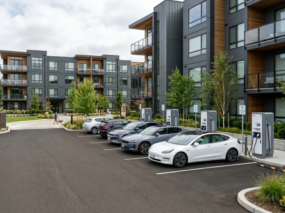Image of an apartment complex parking lot with EV chargers