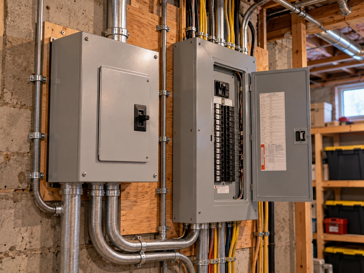 Image of a home generator transfer switch next to the electrical panel