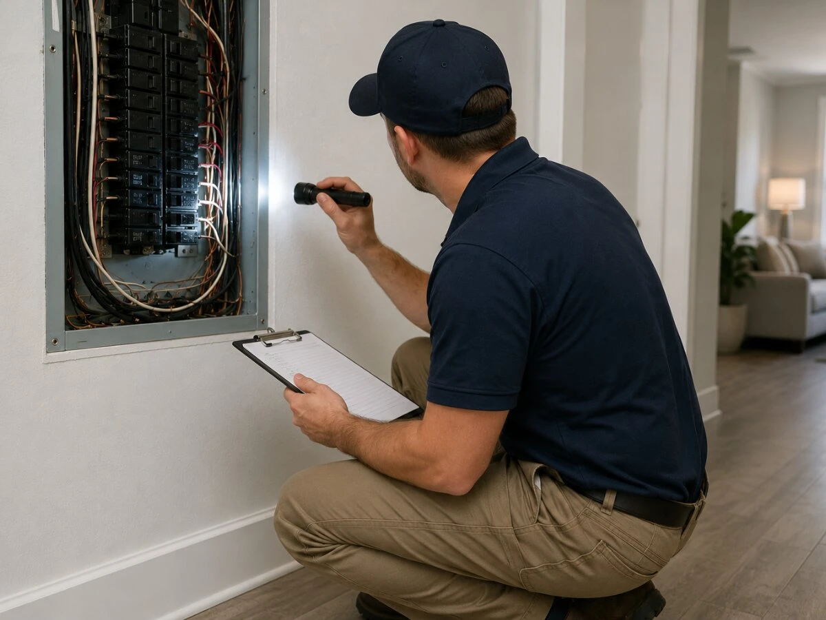 Home inspector identifying electrical safety issues during a residential inspection.
