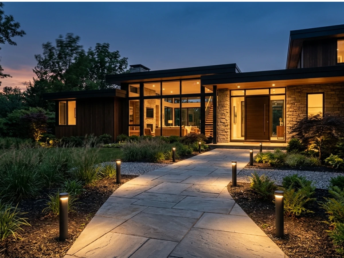 Image showing a home with simple outdoor pathway lighting