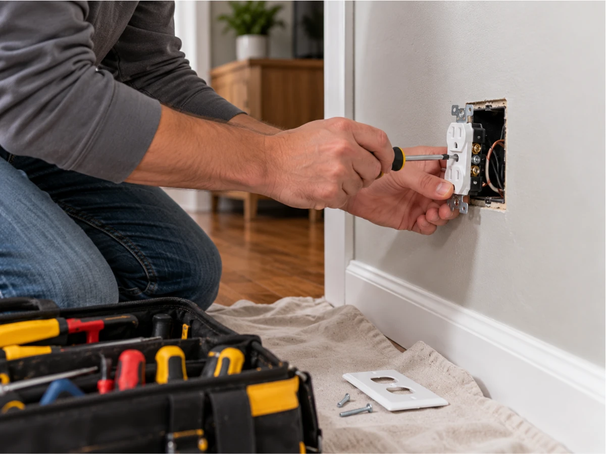 Image of a homeowner swapping an electrical outlet in their home