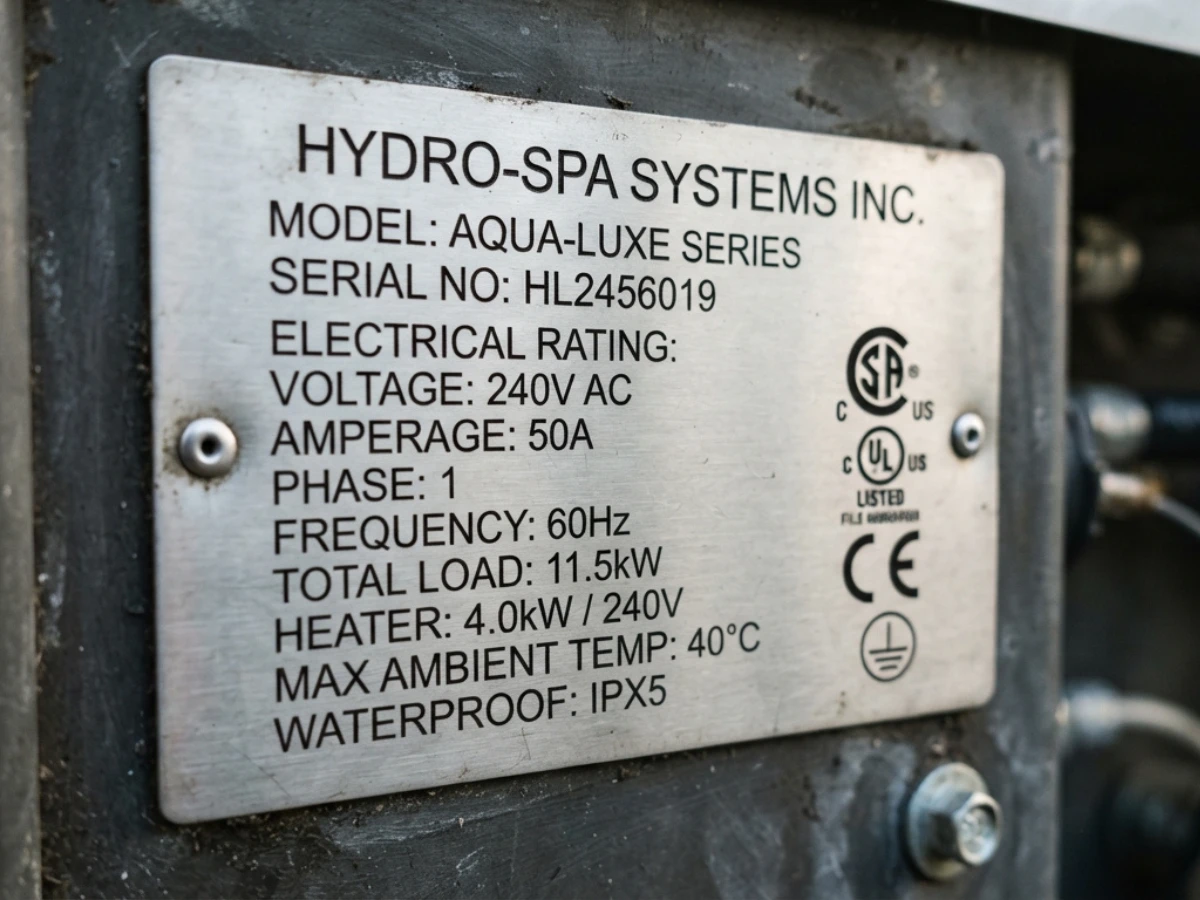 Image of hot tub data plate (specifications sticker) showing electrical requirements