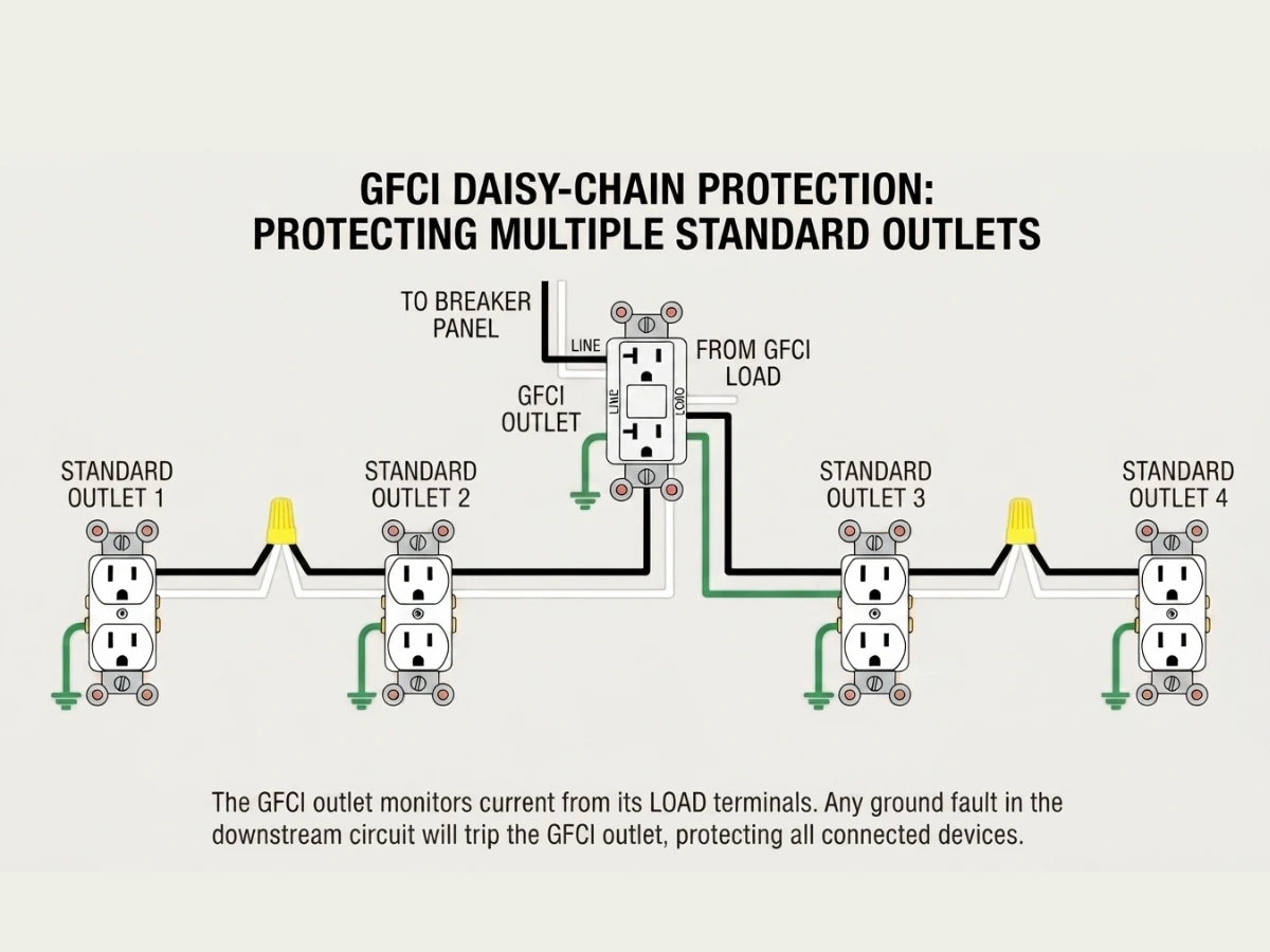 Diagram showing how a single GFCI outlet protects multiple downstream electrical outlets on the same circuit.