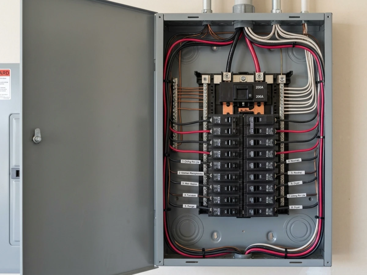 A photo of the inside of an open residential circuit breaker panel