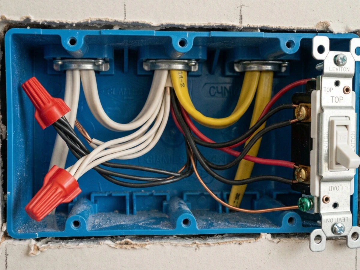 A close-up shot of wires inside an open switch box