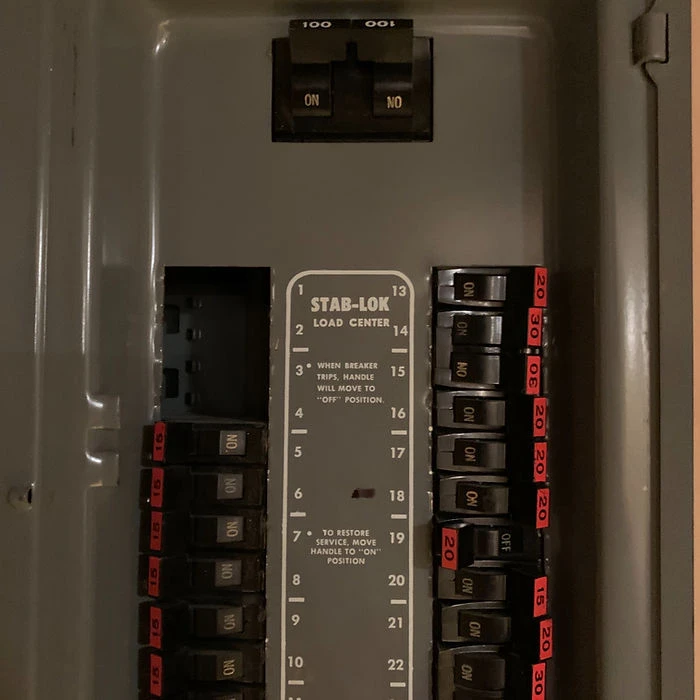 Interior view of a Federal Pacific Stab-Lok® panel—one of the most fire-prone electrical systems found in older homes.