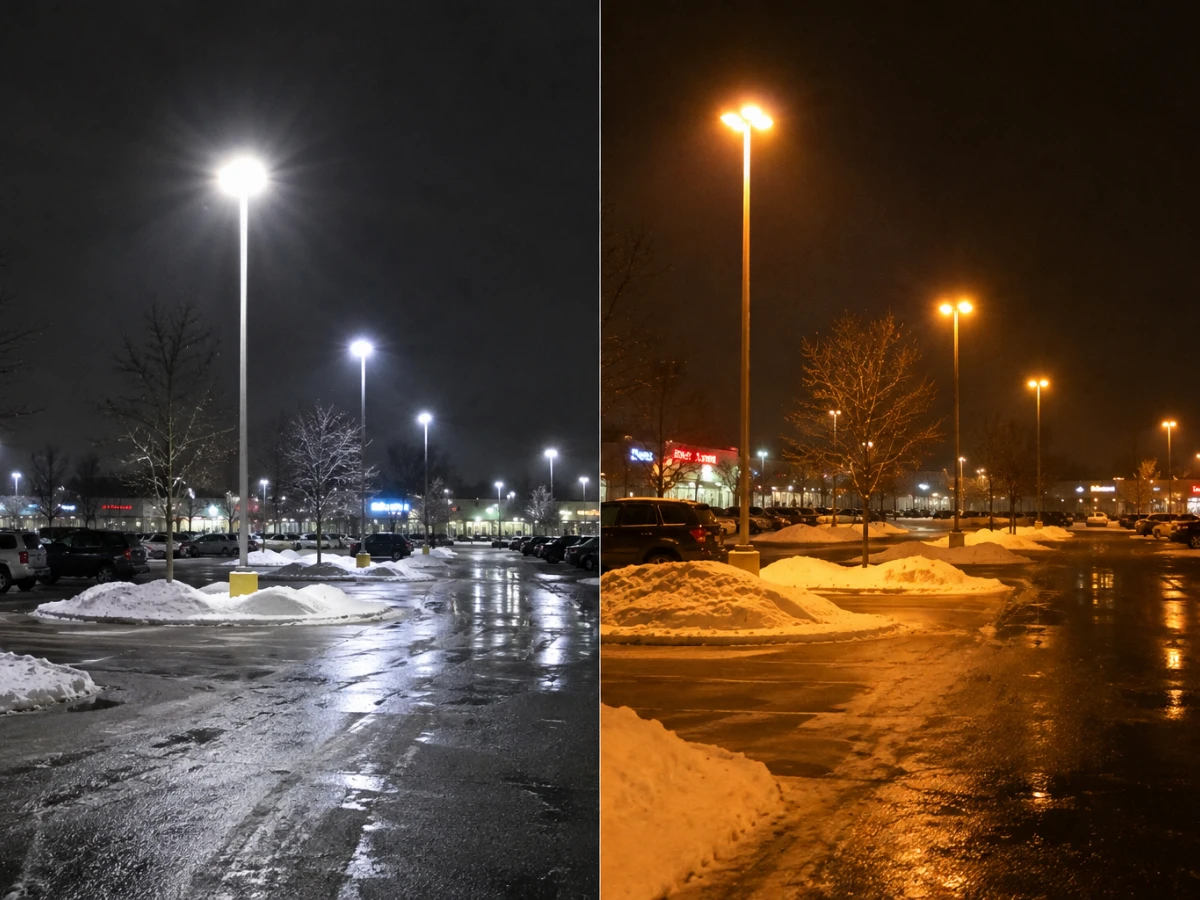 Images showing LED fixtures vs HID fixtures used in parking lots during winter