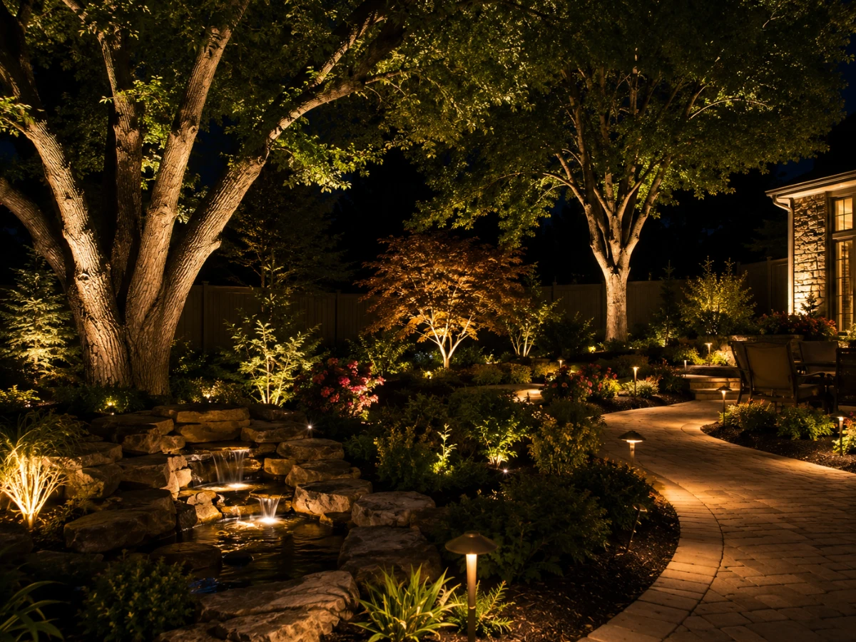 LED landscape lighting illuminating mature trees and garden features