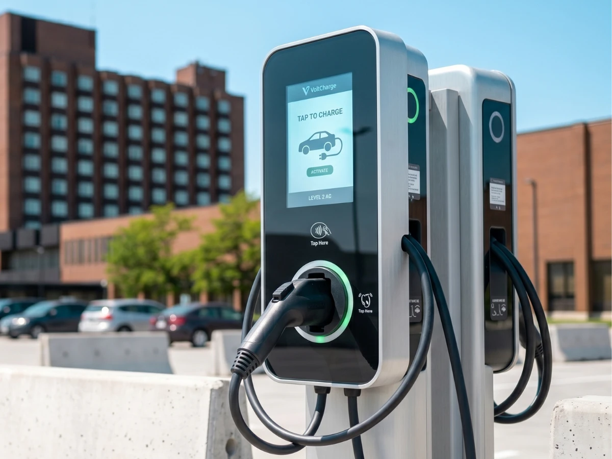 Image showing a row of level 2 charging stations in a corporate parking lot