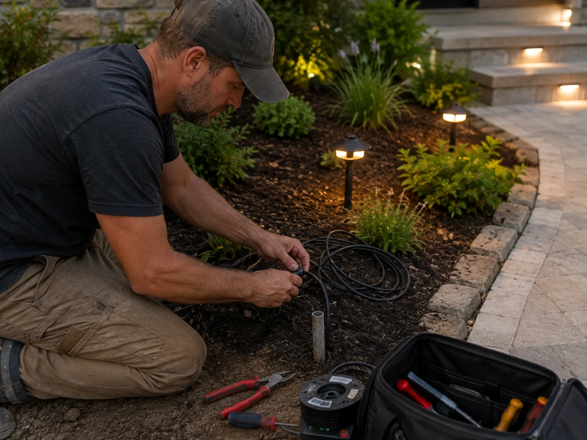 Licensed electrician installing outdoor landscape lighting electrical wiring