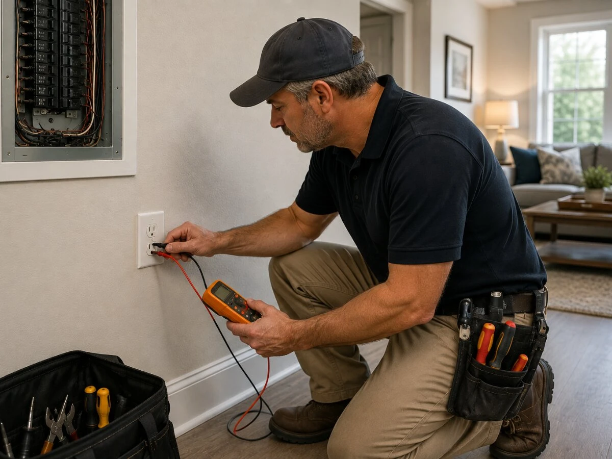 Licensed electrician testing residential electrical outlets before a home inspection.