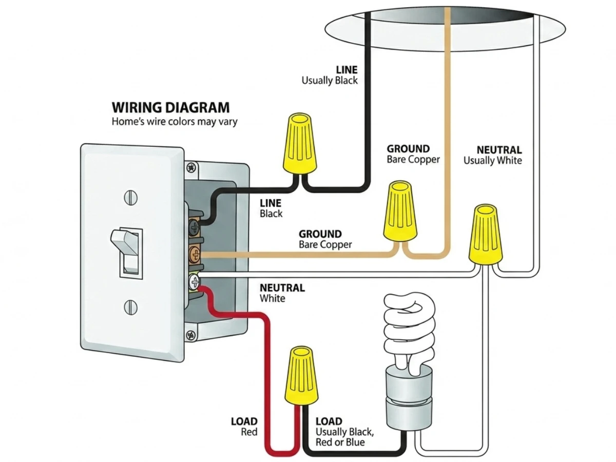 Illustration of a lighting switch wiring diagram with the neutral wire