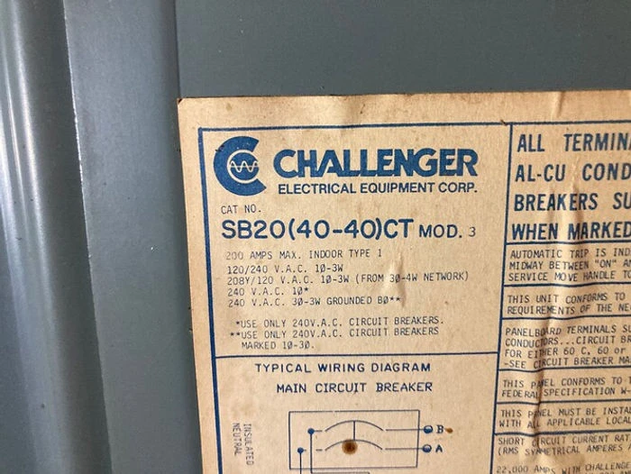Manufacturer label inside a Challenger electrical panel door