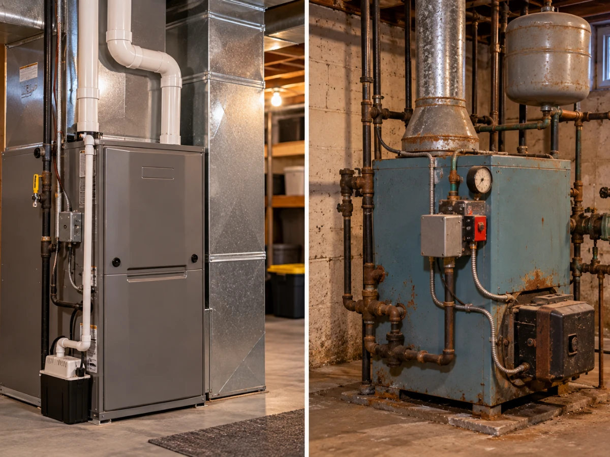 Images of modern forced-air furnace and a 1980s boiler