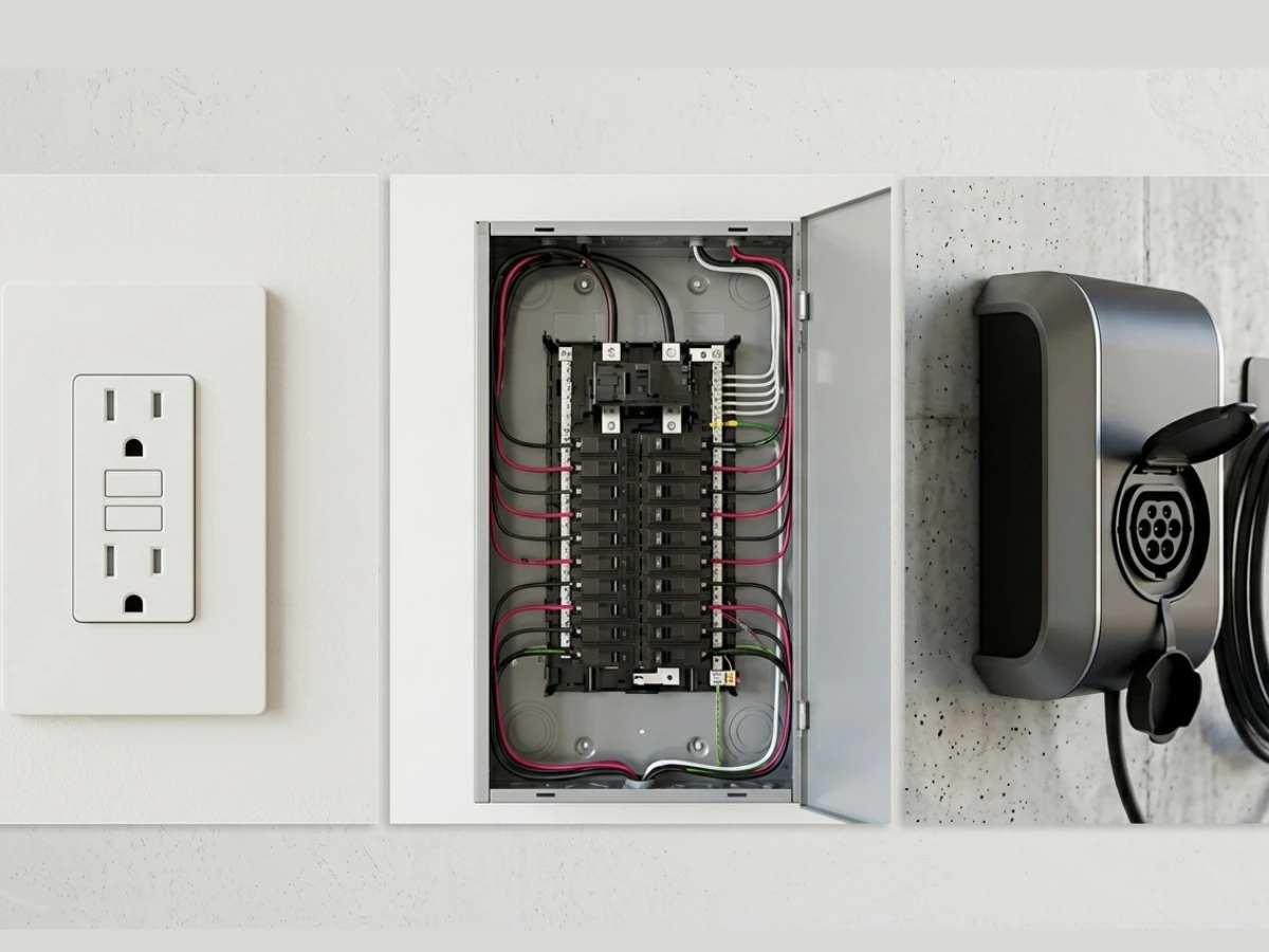 Images of modern GFCI outlets, modern electrical panels, and home EV charging outlets