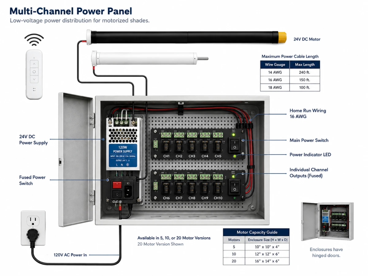 Illustration of multi-channel power panel for motorized shades