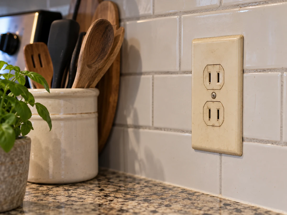 Image of an old two-prong outlet in a kitchen