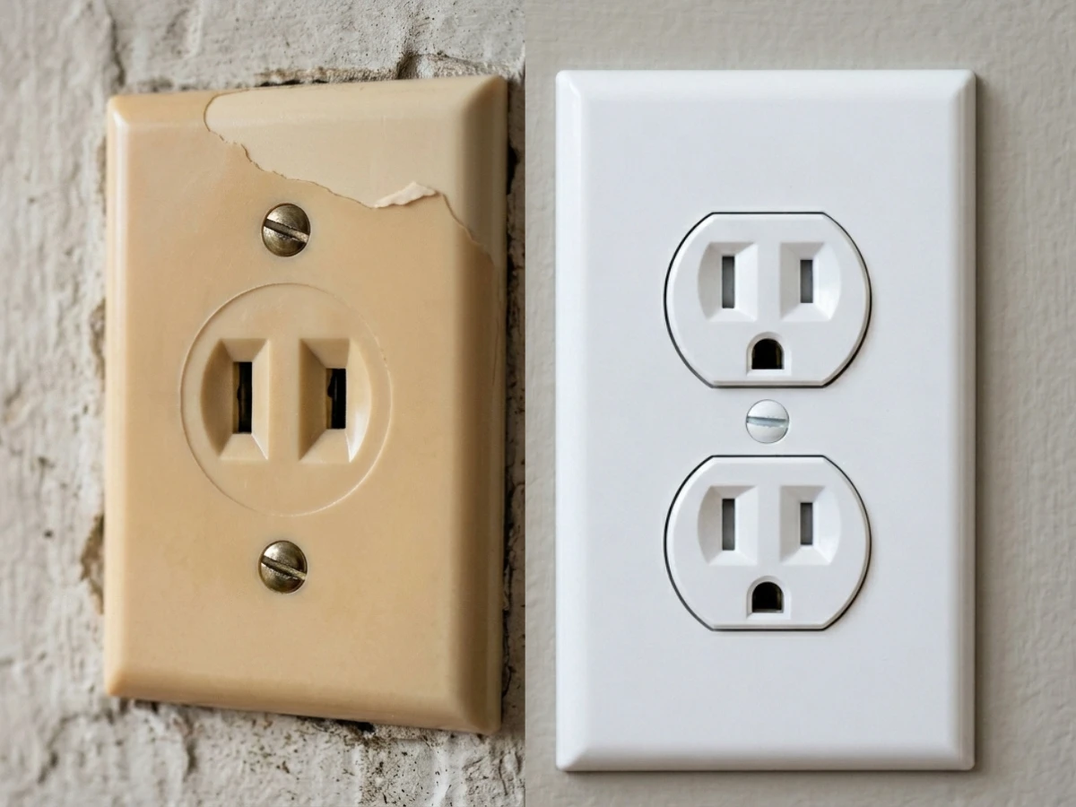 Image of older and modern electrical outlets side by side
