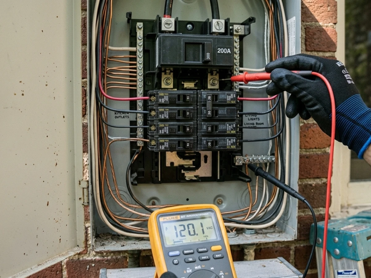Licensed residential remodeling electrician testing amperage capacity on an open home main electrical breaker panel with a digital multimeter probe during a structural home renovation calculation audit.