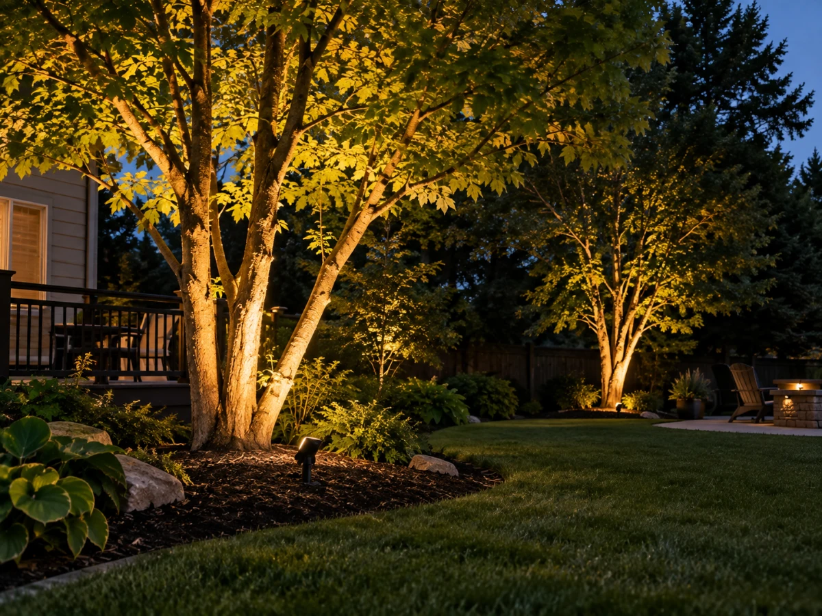 Image of outdoor uplighting for trees in a White Bear Lake MN home backyard
