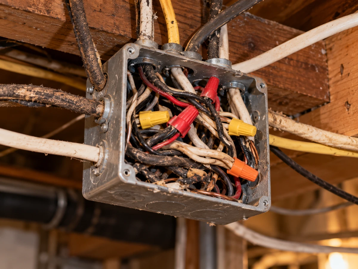 Image of overfilled junction box with aging wiring in a Minnesota home