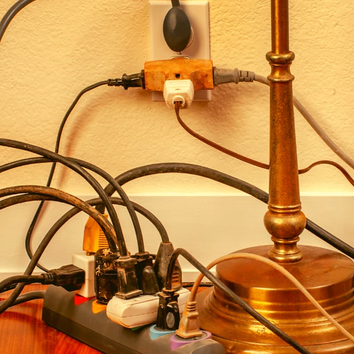 Too many plugs, not enough circuits — overloading outlets and power strips like this can cause flickering lights, tripped breakers, or even electrical fires. Each circuit in your home can only handle a limited load before voltage drops or wiring overheats.
