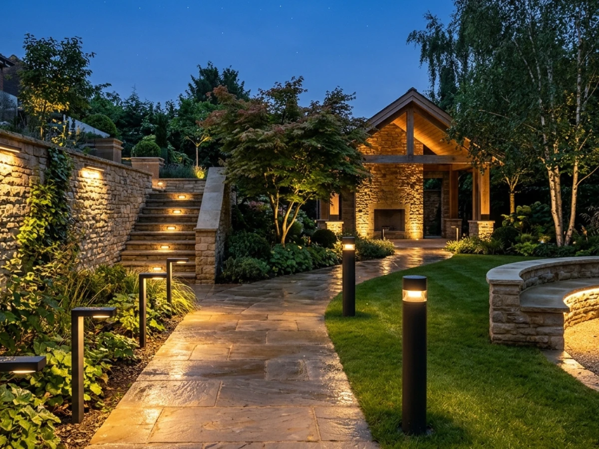 Images showing pathway lights, uplights, wall washers, bollard lights, step lights, hardscape lights