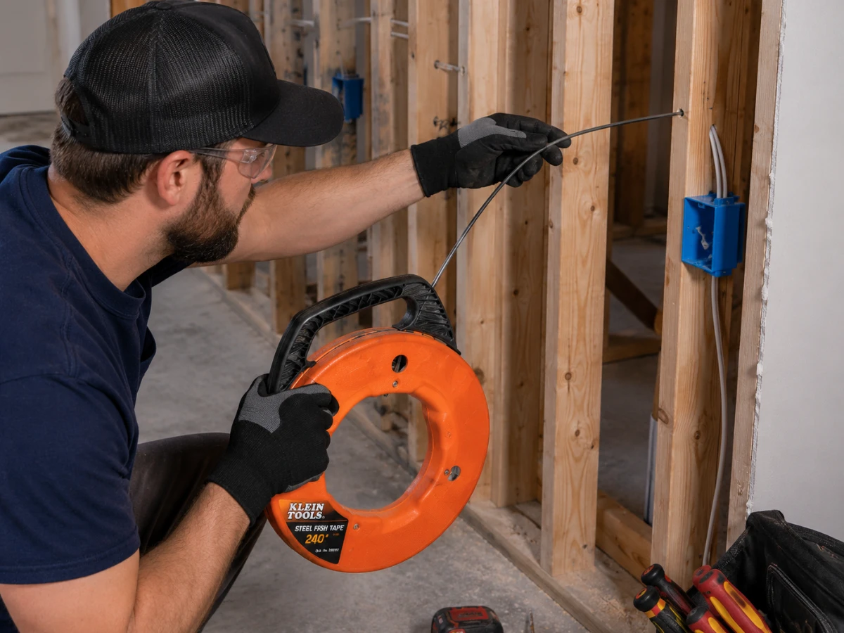 Image of professional using a fish tape device to pull cables