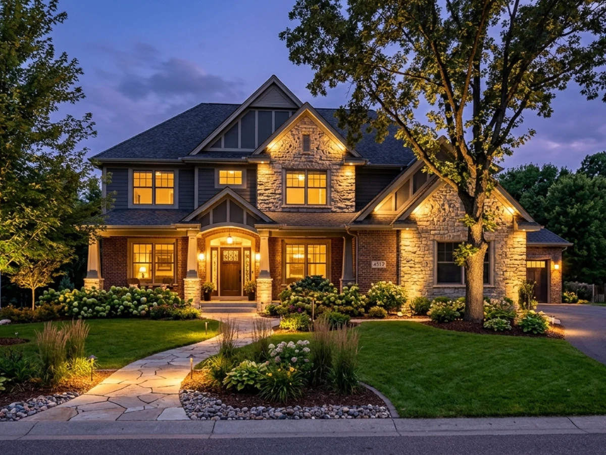 Professionally installed landscape lighting creating beautiful curb appeal in St. Louis Park