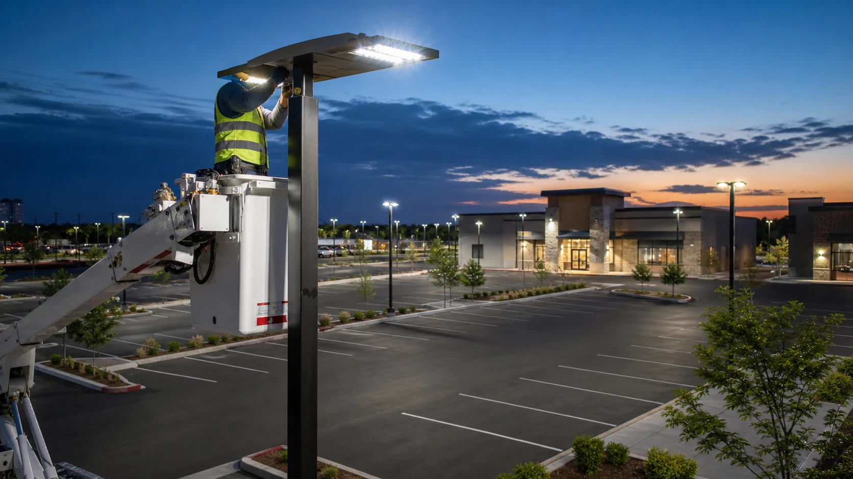 Licensed commercial electrician servicing LED parking lot lighting for a Twin Cities business property.