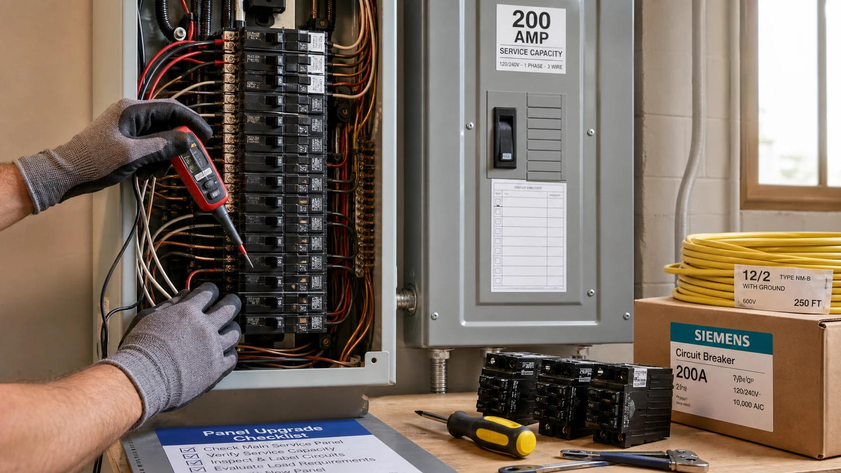 Licensed electrician inspecting an older residential electrical panel for a 200-amp panel upgrade in the Twin Cities.