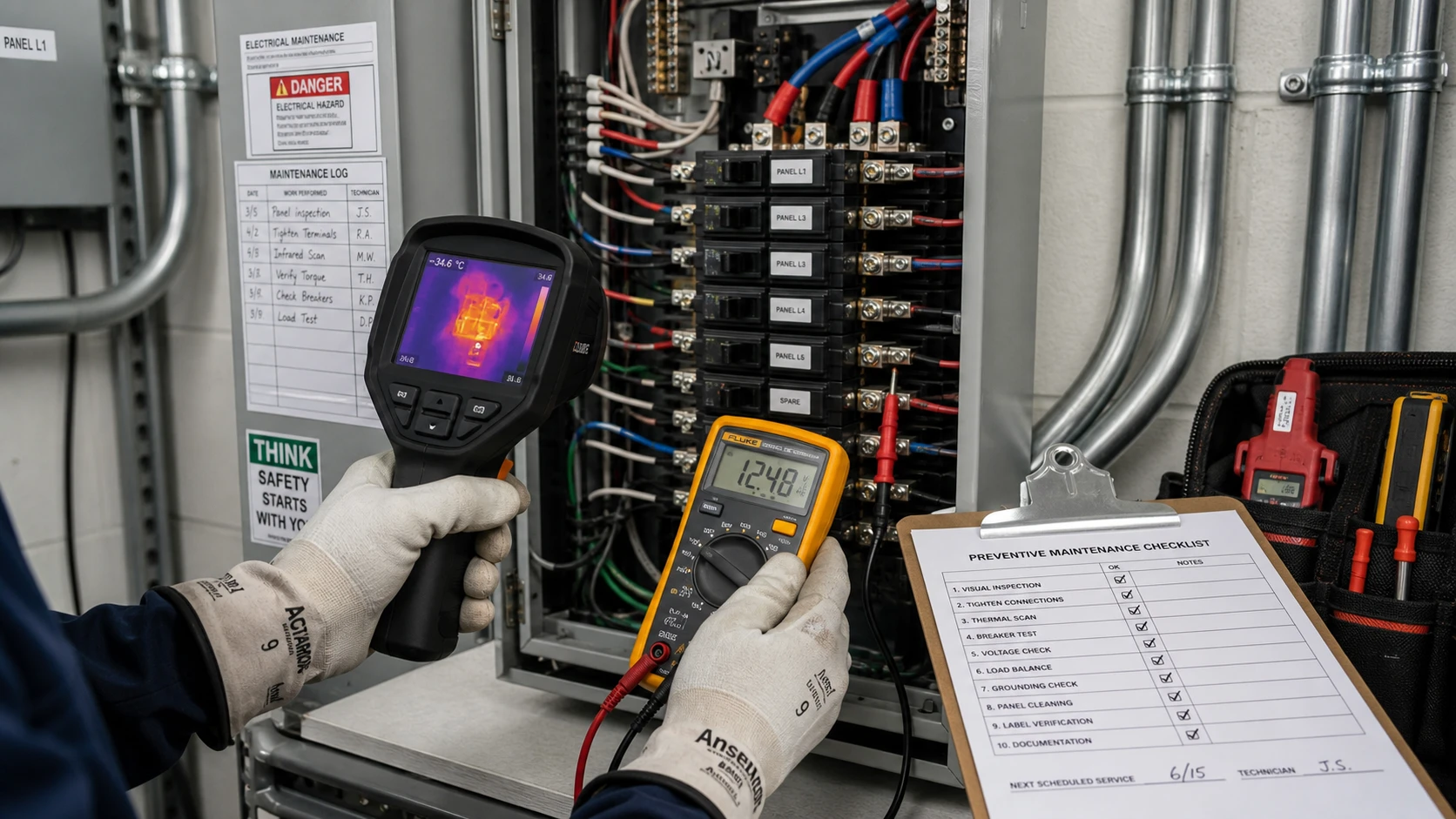 Licensed commercial electrician performing a routine electrical maintenance inspection inside a Twin Cities business electrical room.