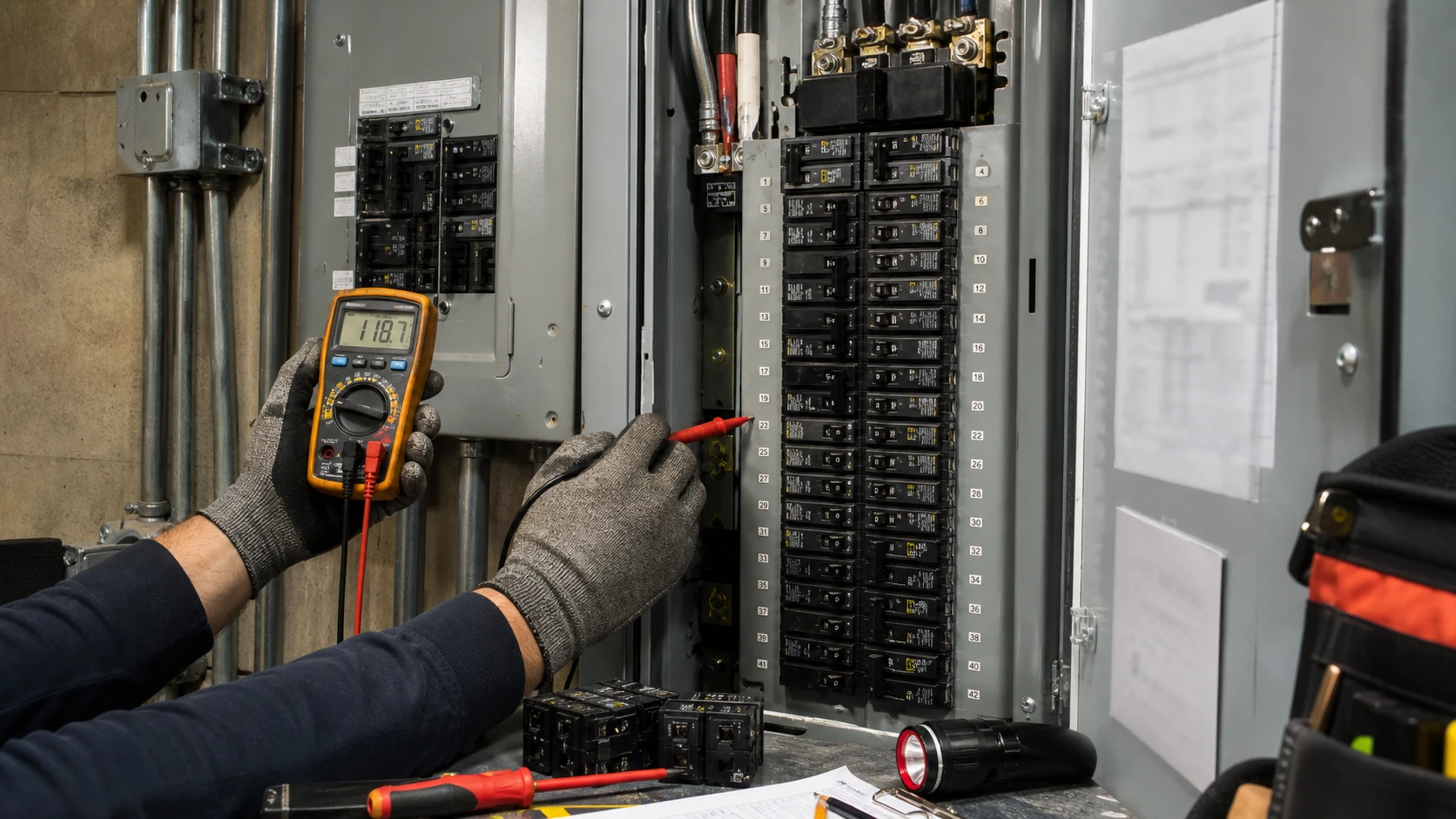 Commercial electrician inspecting a full electrical panel for breaker space and voltage issues during a panel upgrade in Minnesota.