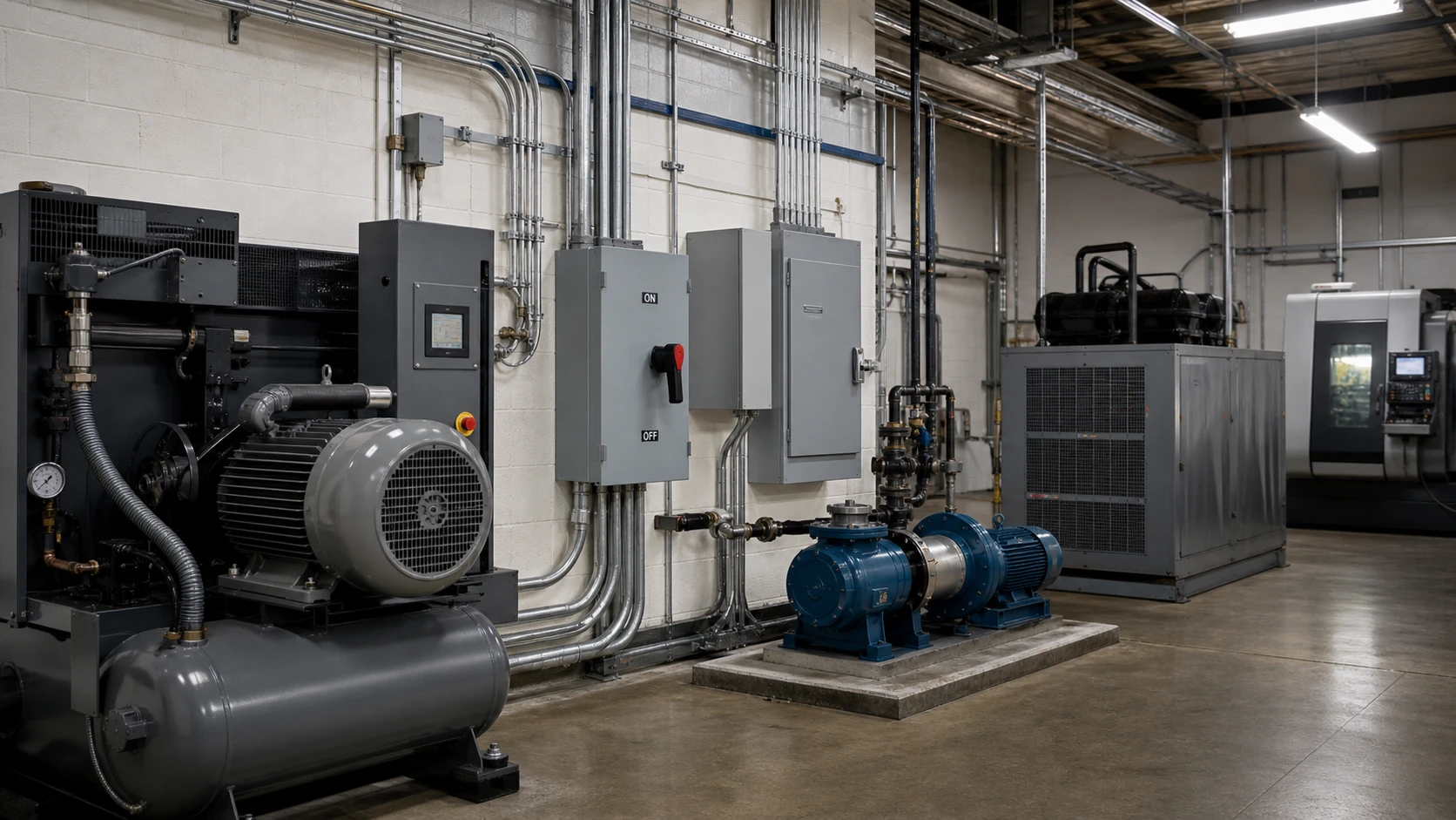 Three-phase commercial equipment including motors, compressors, and electrical disconnects inside a Minnesota facility.