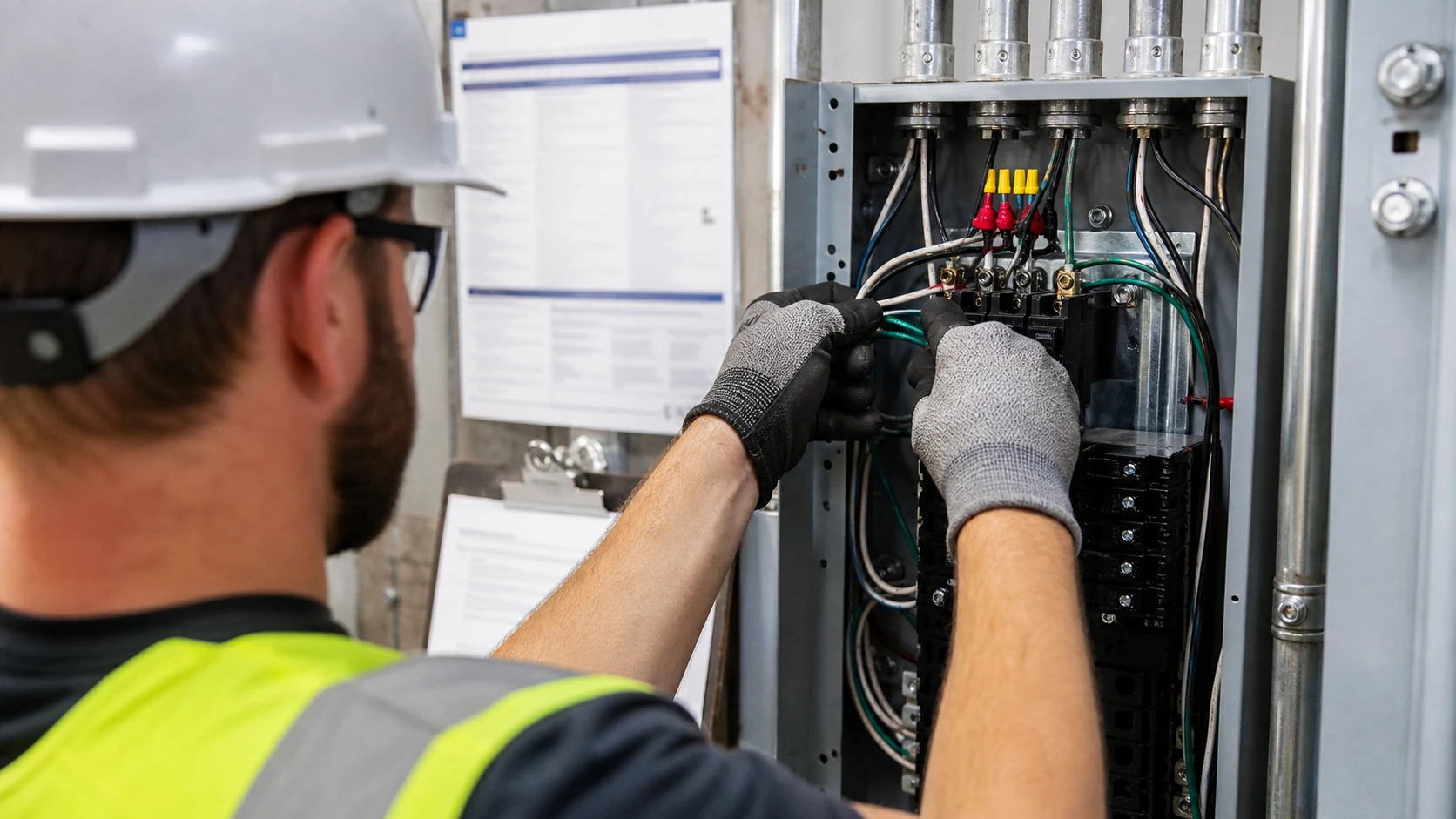 White electrician performing electrical code correction work for a failed commercial inspection in Minnesota.
