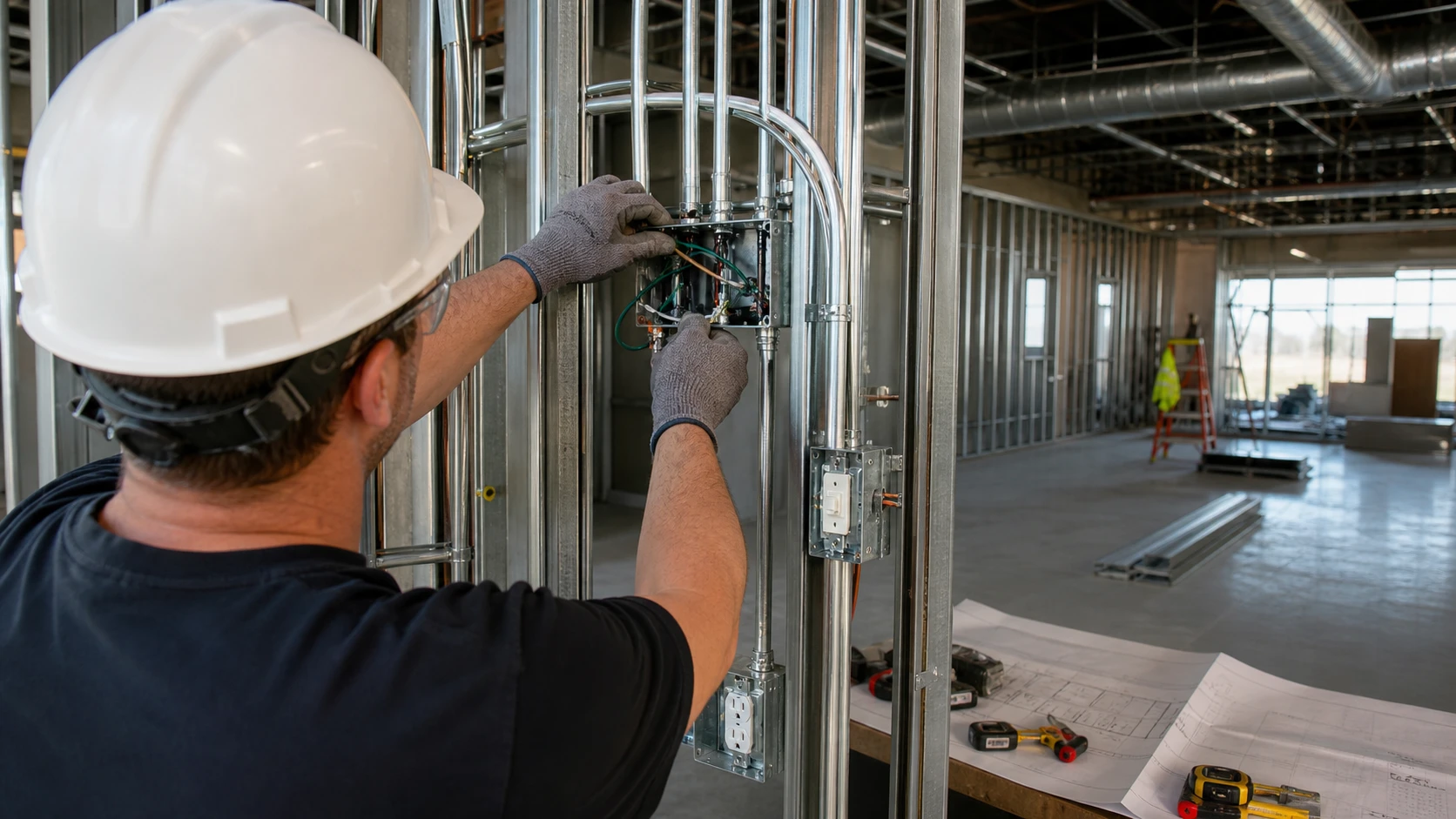White electrician installing conduit and rough-in wiring for a commercial tenant build-out in Minnesota.
