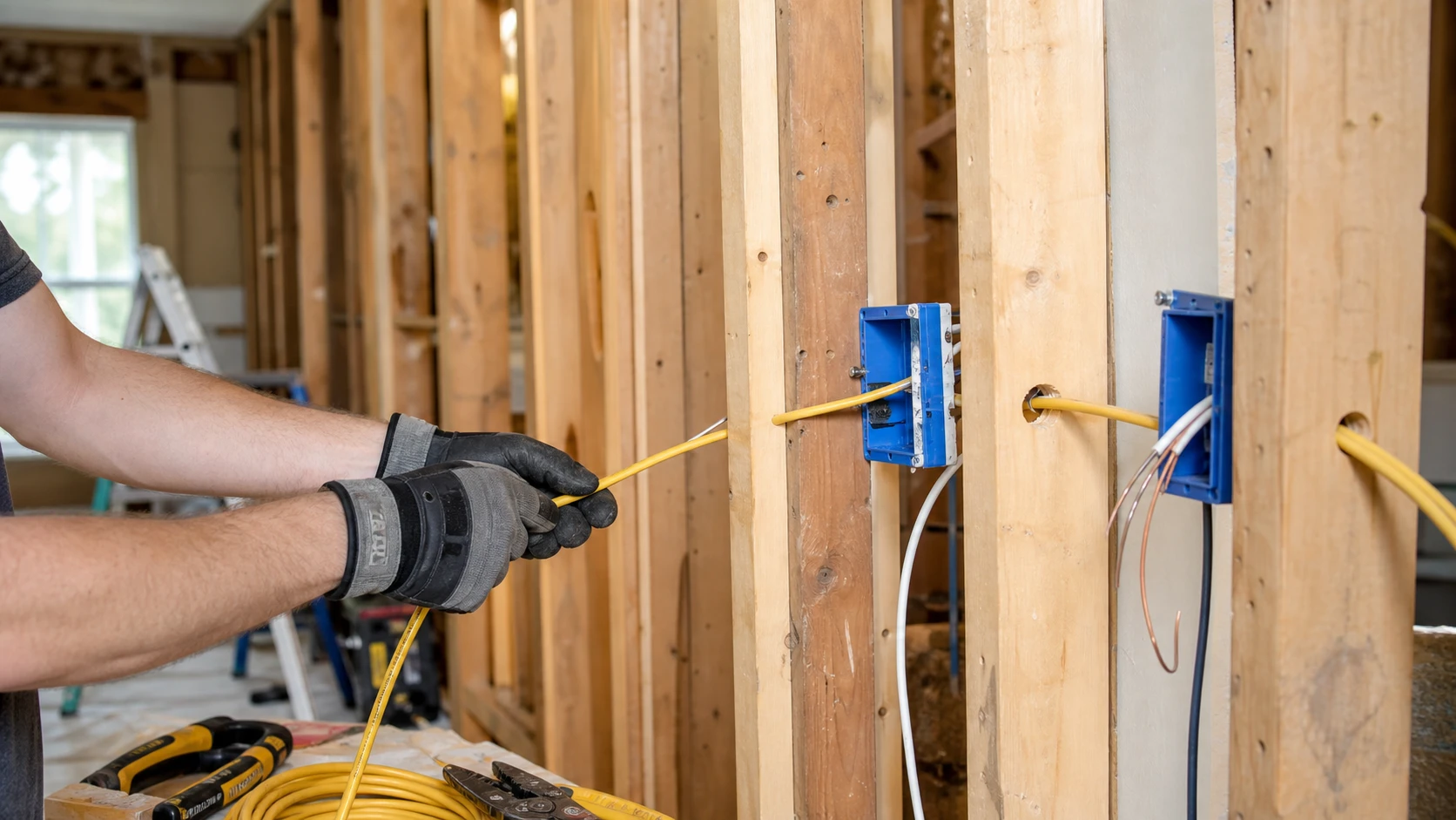 Licensed electrician installing new wiring through open wall studs during a whole-home rewiring project in the Twin Cities.