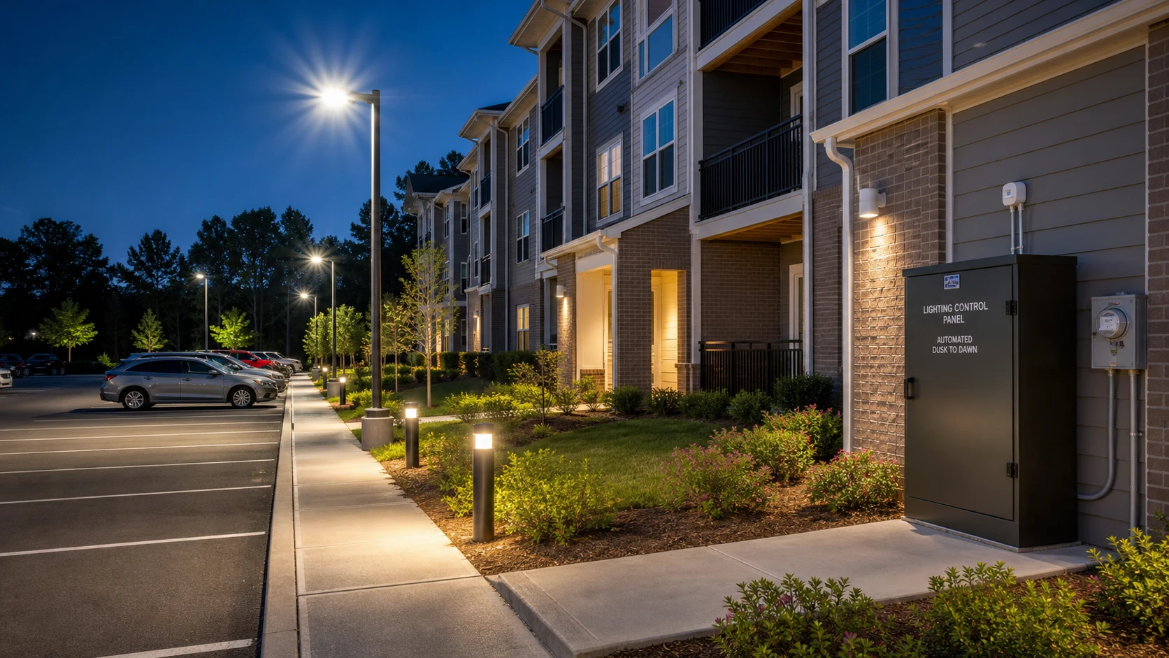 LED exterior lighting and pathway lights improving safety around an HOA parking area in Minnesota.