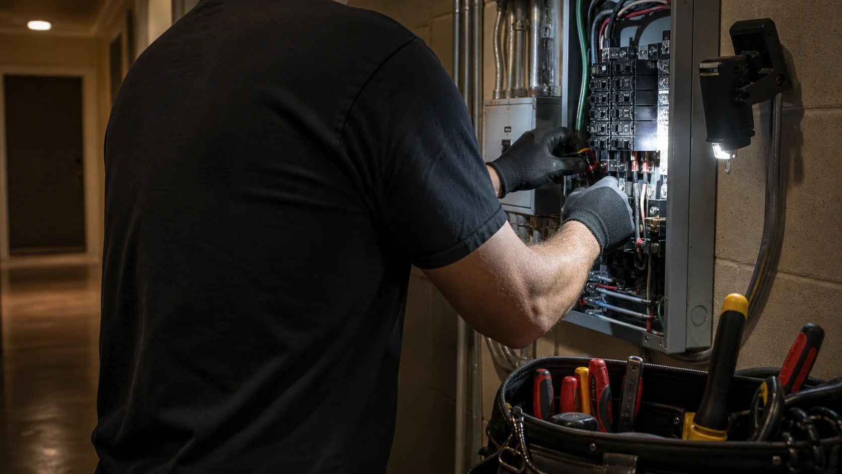 HOA emergency electrician repairing a common-area electrical panel during an after-hours service call in Minnesota.